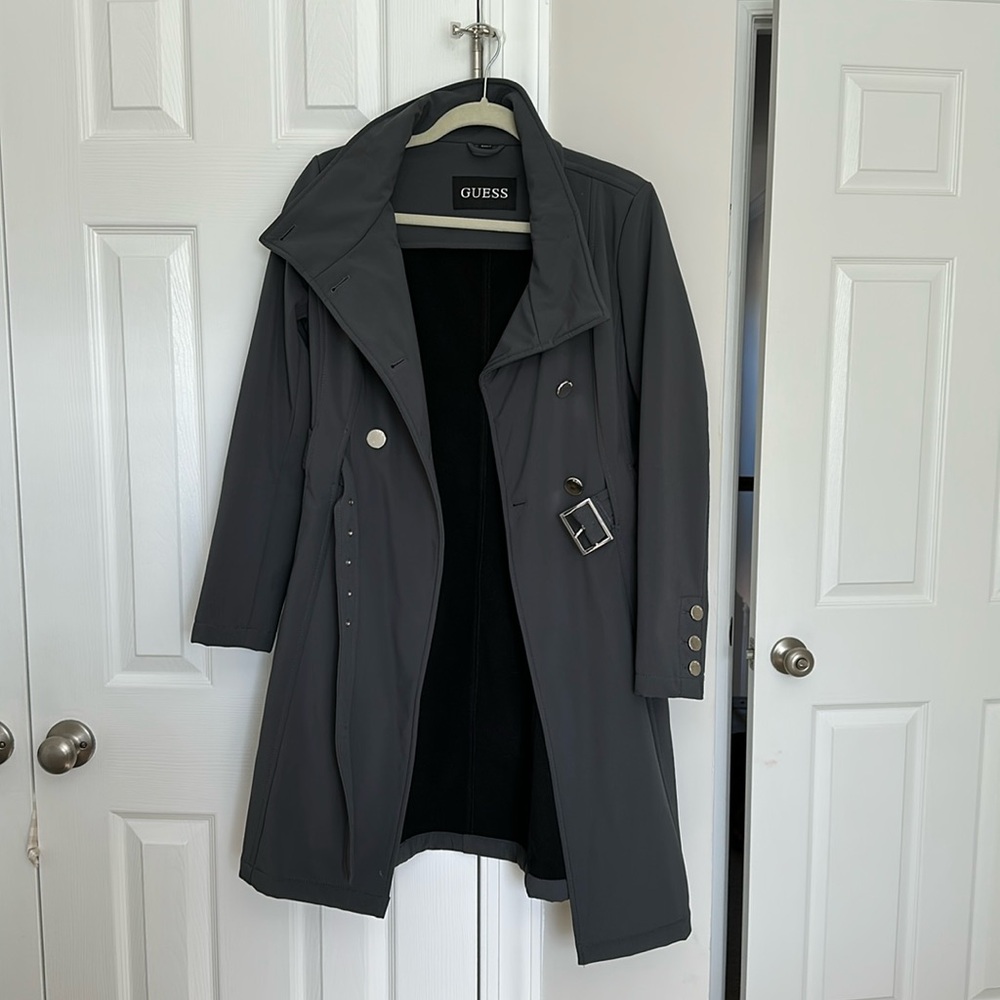 Guess Charcoal Grey High Collar Belted Mid Length Trench Coat Jacket Size S